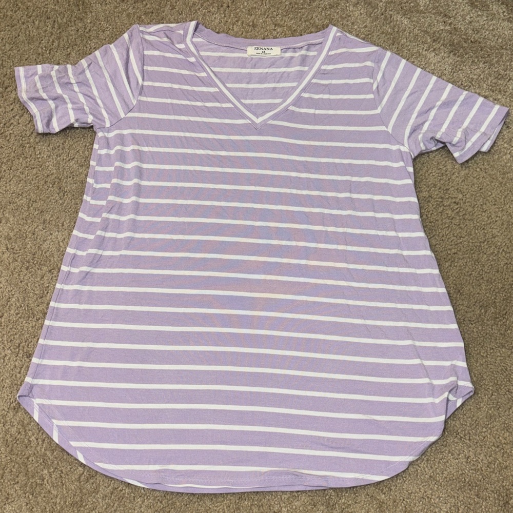 Lush Lavender & White Striped V-Neck Short Sleeve Tee Zenana Outfitters